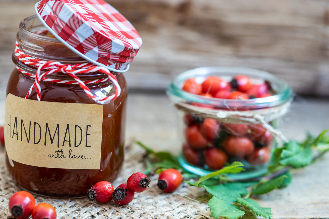 handmade marmalade from rose hips and a glass of rose hips