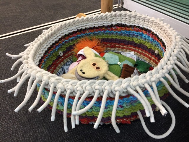 Photo of the basket filled already with hand puppets