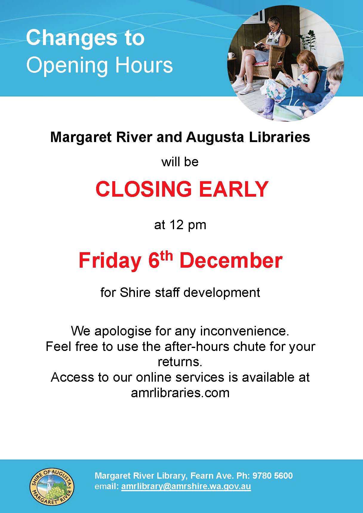 Libraries close at noon on Friday 6th December