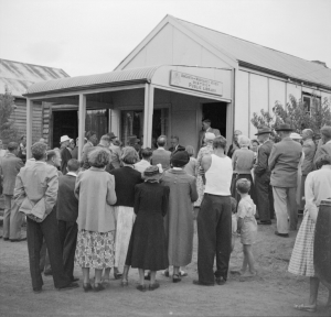 Picture of a crowd gathered for the opening of the Augusta-Margaret River District Public Library in Margaret River, 5 February 1955