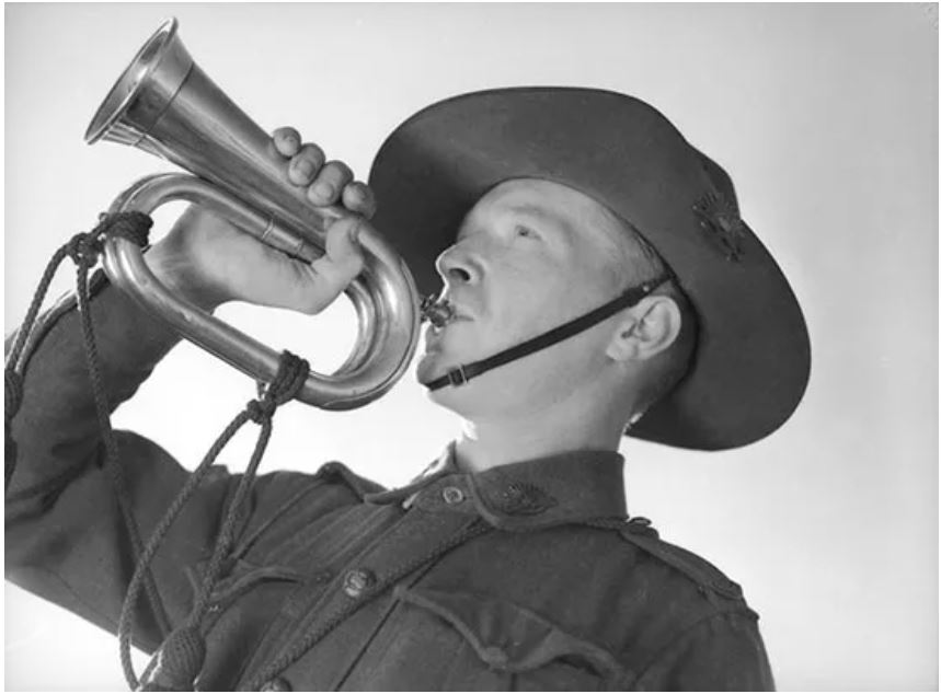 Private R. Thompson, an Australian soldies, p;lays ia Bugle in Palestine in 1940 during world War I