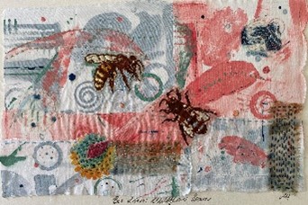Framed mixed media featuring slow stitching by Rona Mirtle