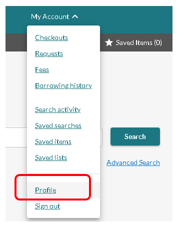 My Account heads a dropdown menu from which Profile can be selected.