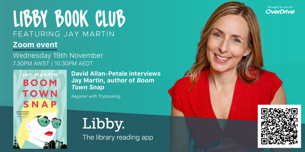 libby book club banner with a picture of author Jay Martin and the cover of her new book Boom Town Snap